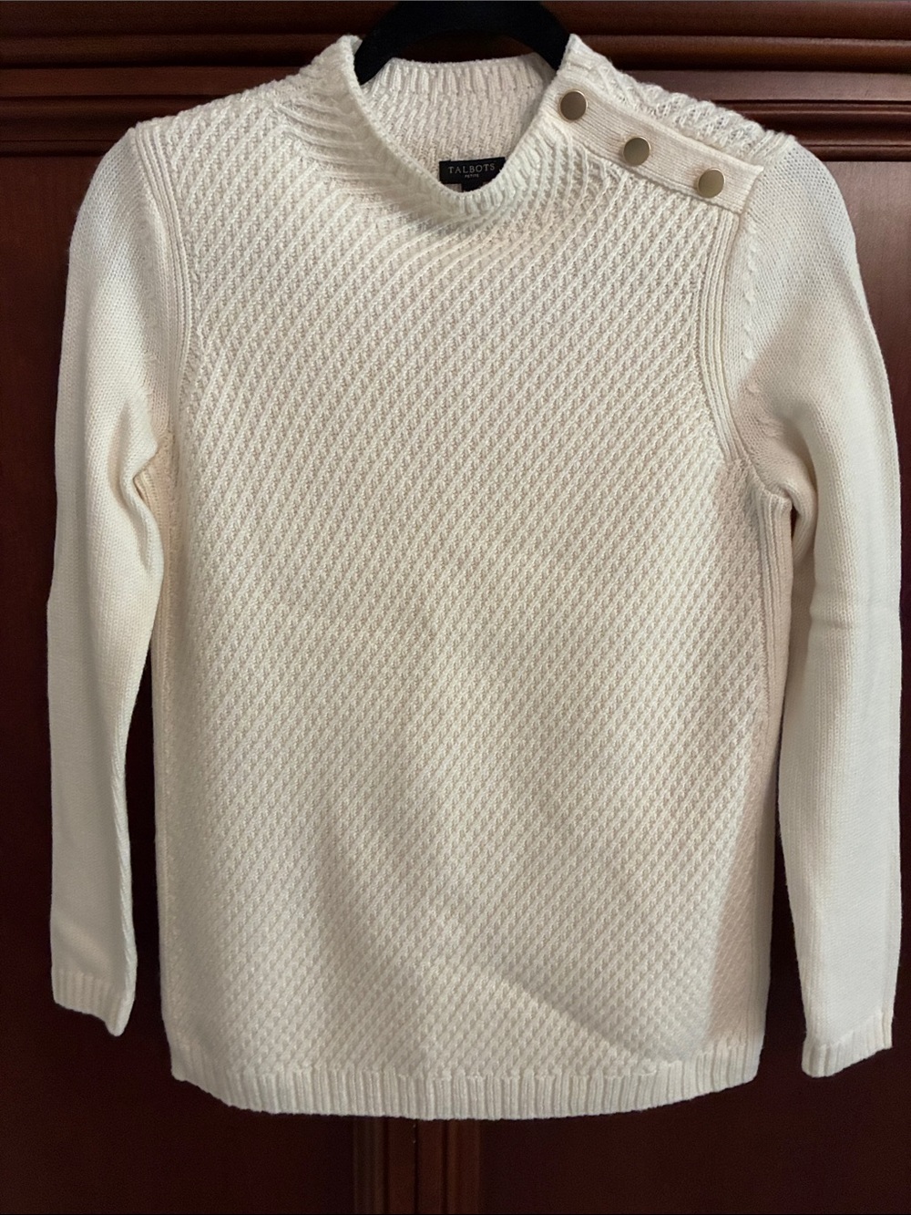 Talbots Cream Textured Knit Sweater with Shoulder Buttons